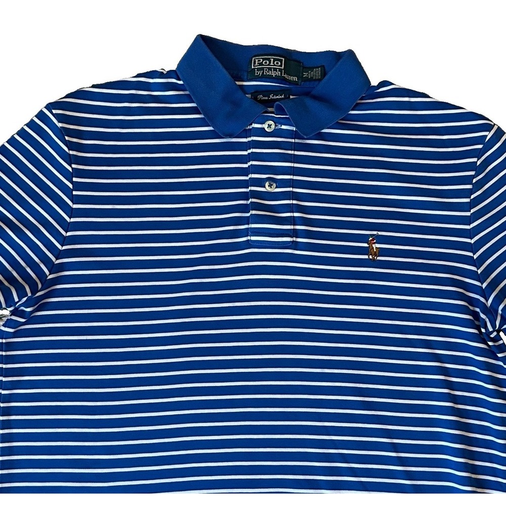 Polo Ralph Lauren Shirt Mens Medium Blue White Stripe Pima Interlock Flesh Pony